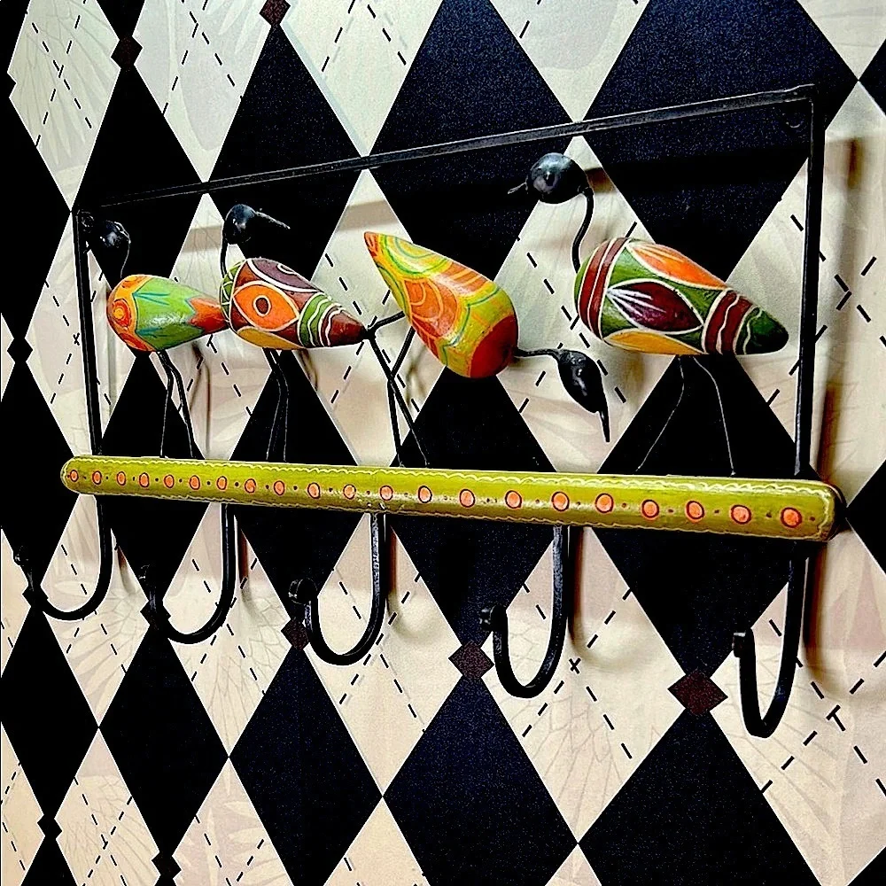 Tribal Folk Art Wall Hook Rack – Hand-Painted Birds – African / Mexican Inspired